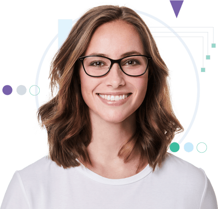 Woman smiling wearing glasses w background